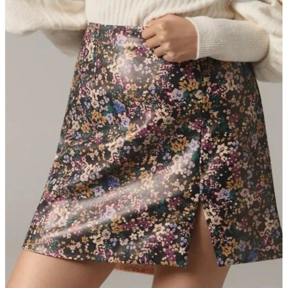 Anthropologie Maeve Floral Faux Leather Side Slit Micro Mini Skirt Women 12